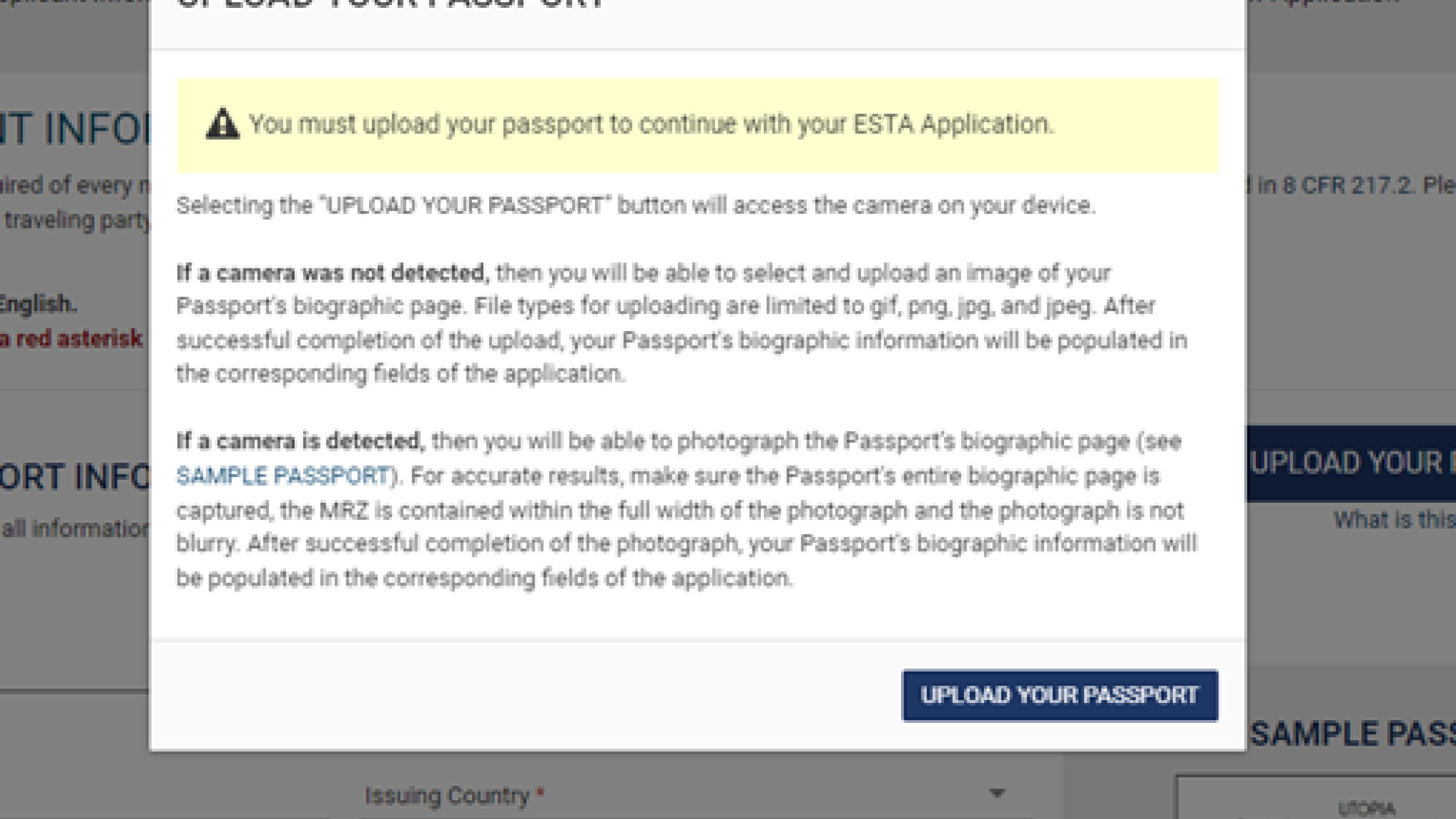 Bild vom Hinweis zum Reisepassupload im ESTA-Antrag